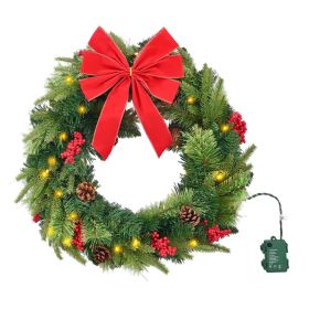 VEVOR Christmas Wreath, 24 Inches Pre-Lit Artificial Christmas Wreath with 50 LED Lights and Timer, Decorated with Pine Cones, Red Berry Clusters