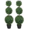 HOMCOM Set of 2 Artificial Ball Boxwood Topiary Trees, Fake Plants in Pot for Indoor Outdoor Living Room Green